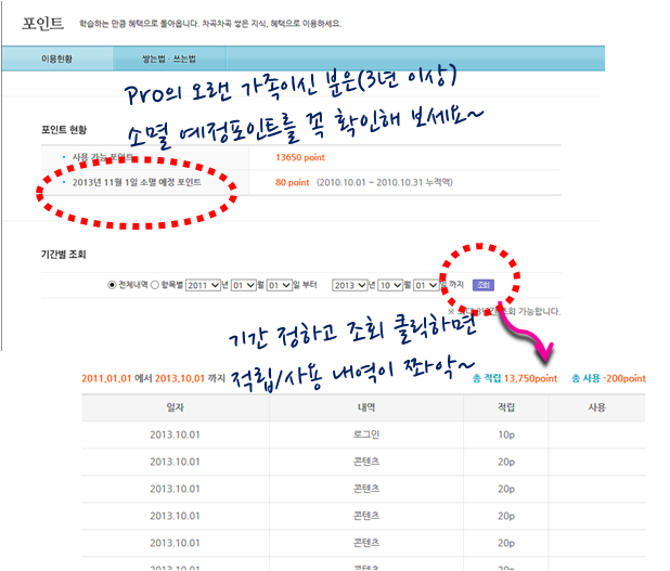 Pro의 오랜 가존이신 분은(3년 이상) 소멸 예정포인트를 꼭 확인해 보세요~ 기간 정하고 조회 클릭하면 적립/사용 내역이 쫘악~